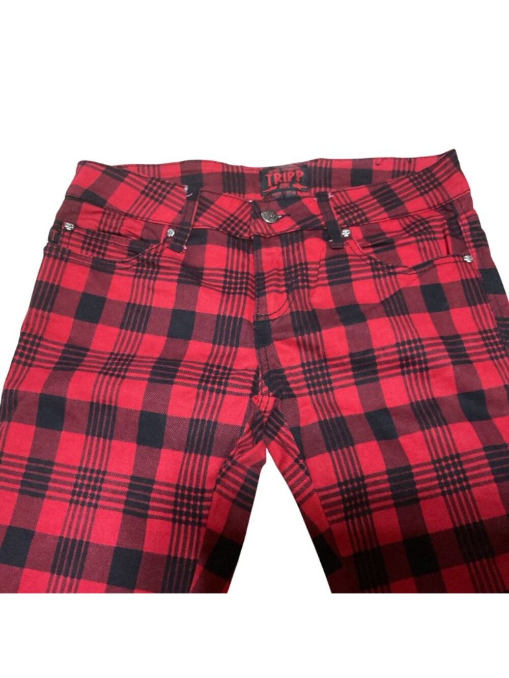 Tripp NYC Red Black Plaid Skinny Pants Sz 5 Cotton Blend Straight Leg Punk Style - Picture 3 of 7